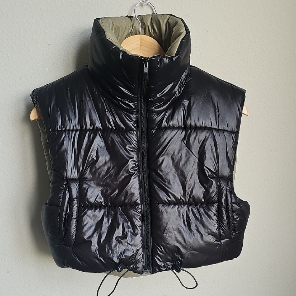 Blue Blush Shiny Black Puffer Vest